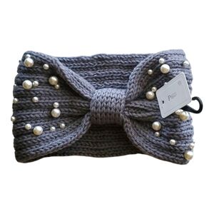 Bow Shaped Winter Knit Headband with Faux Pearls